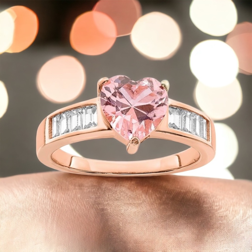Sterling Silver Rose-plated Crystal Heart and White CZ Baguette Ring